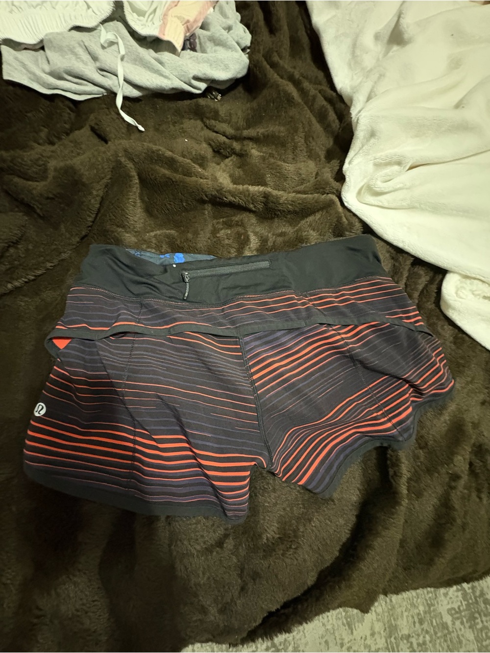 lululemon athletica Black Athletic Shorts with Blue Print and Red Lining